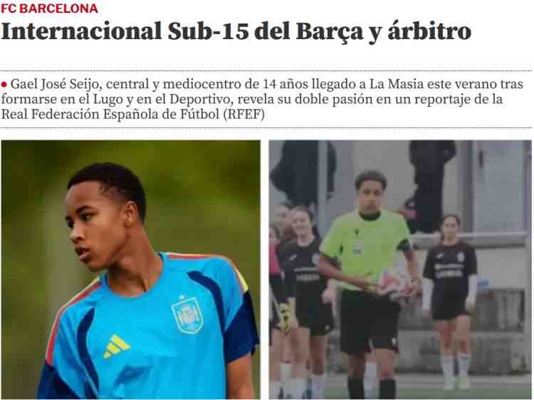 世体:巴萨青训的14岁新星是个持证裁判,会教队友如何和裁判沟通